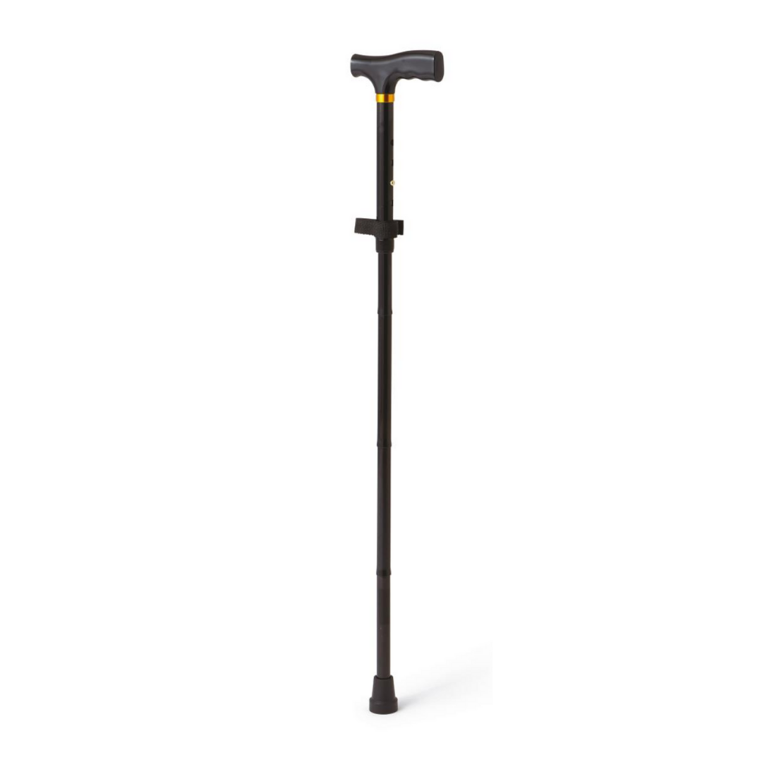 The Medline Aluminum Folding T-Handle Cane, featuring a black, lightweight design with a curved handle and rubber tip, stands upright against a plain white background.